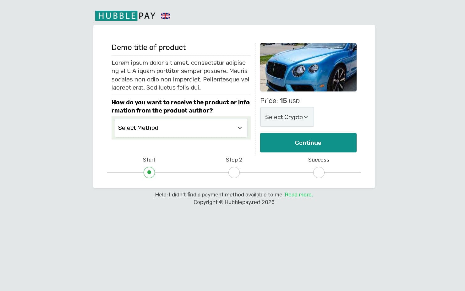 First step of the cryptocurrency payment form
