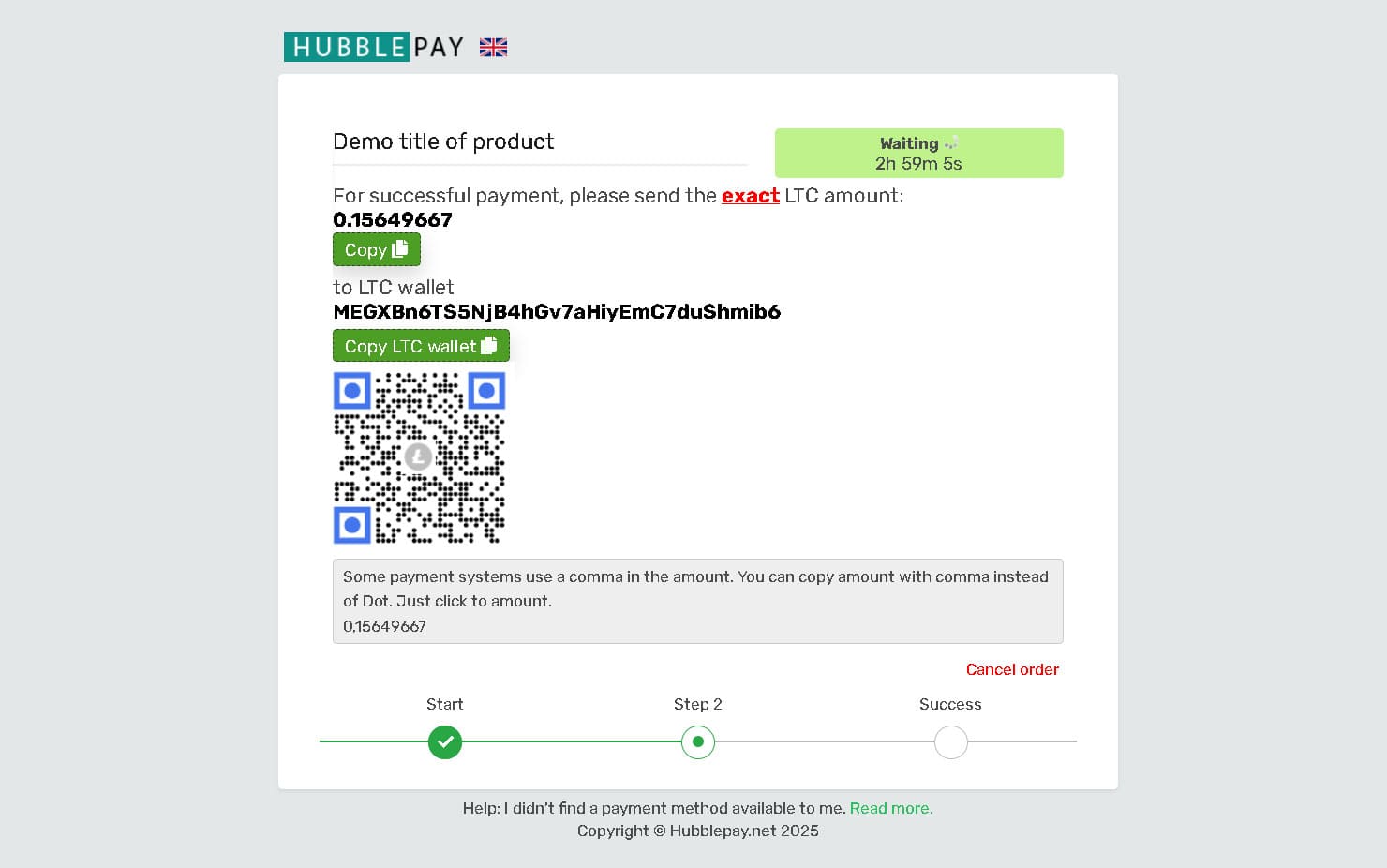 Cryptocurrency payment via QR code or details