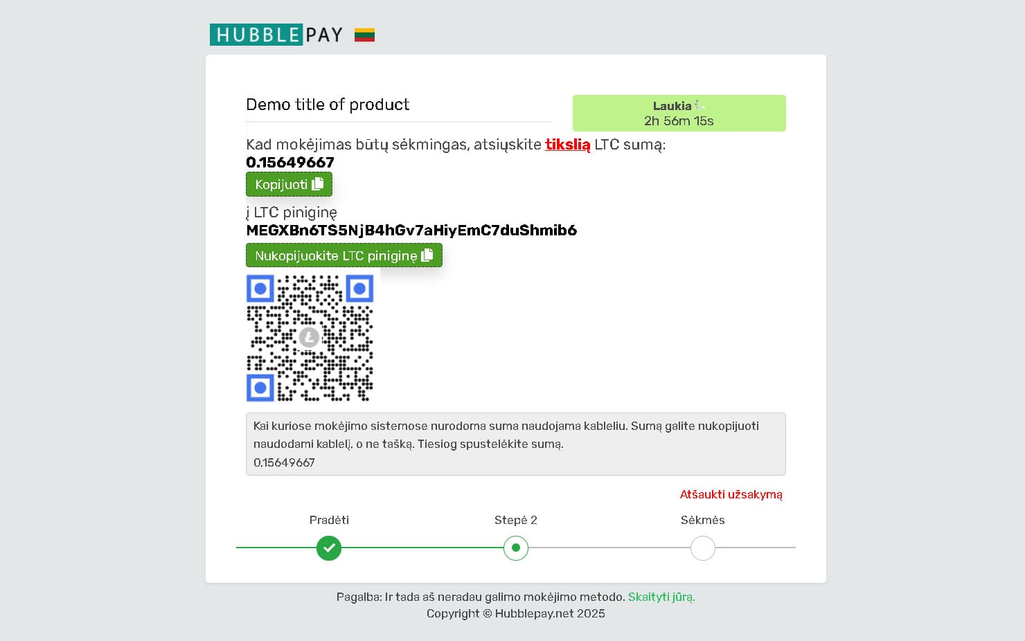 Kryptovaliutų mokėjimas per QR kodą arba duomenis
