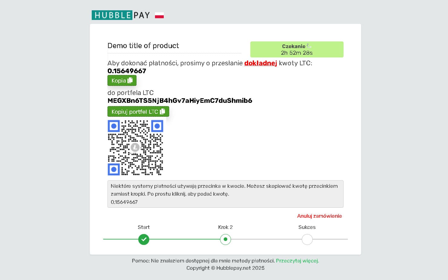 Płatność kryptowalutą za pomocą kodu QR lub danych