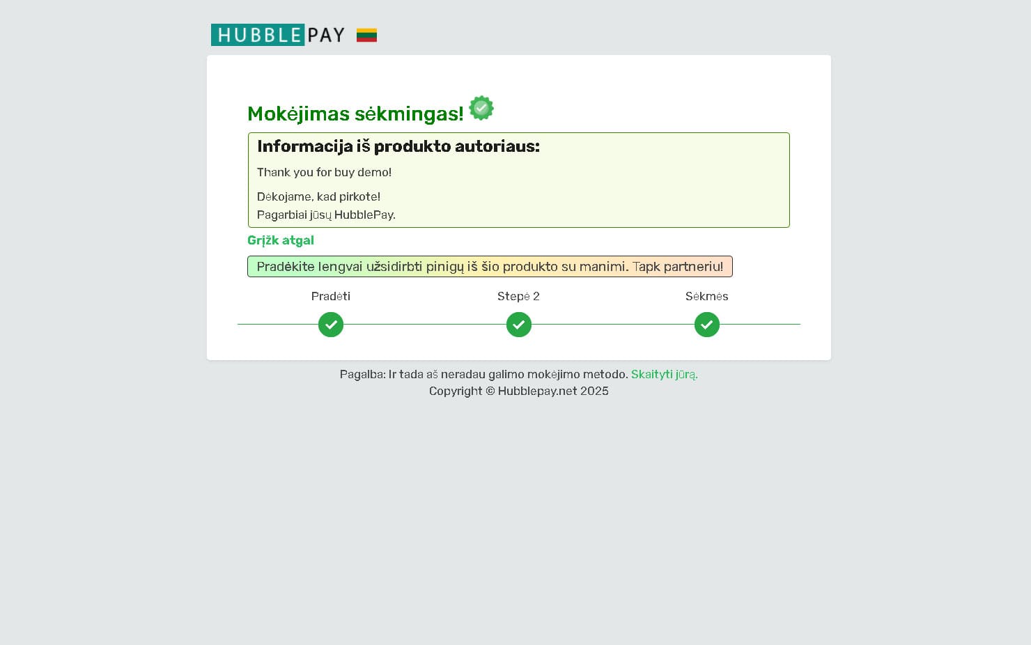Paskutinis žingsnis. Apmokėta kriptovaliuta ir gauta prekė.