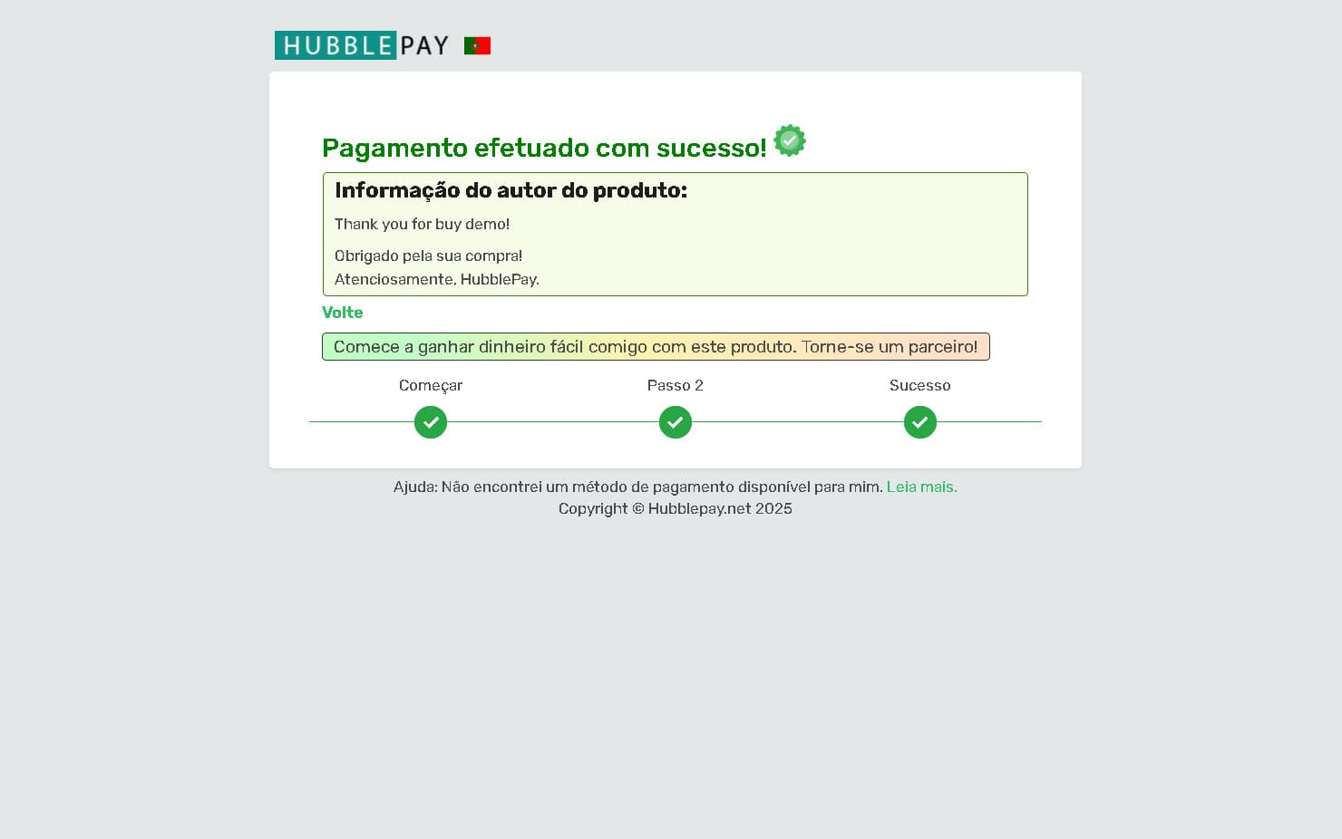 Etapa final. Pago com criptomoeda e produto recebido.
